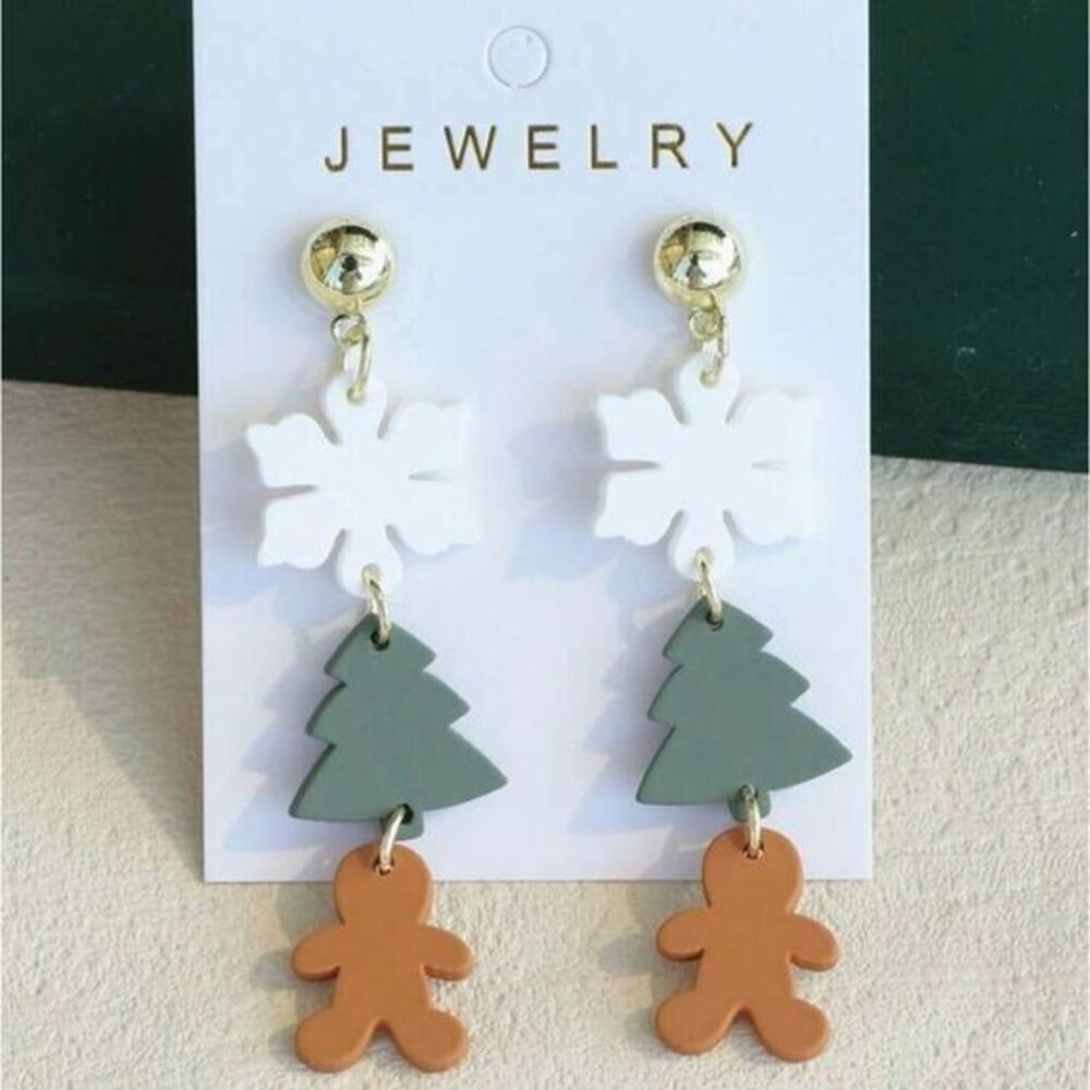 Gingerbread Christmas Tree Snowflake Acrylic Dangle Charm Holiday Winter Earring